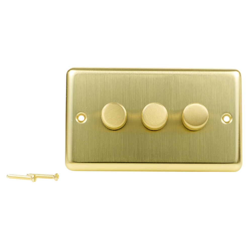 (Angled Brushed Brass (Gold)) Volex Crabtree 3 Gang Metal Dimmer Angled Switches