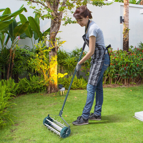 Costway Rolling Grass Lawn Aerator Garden Steel Spike Roller Aluminium Handle 2