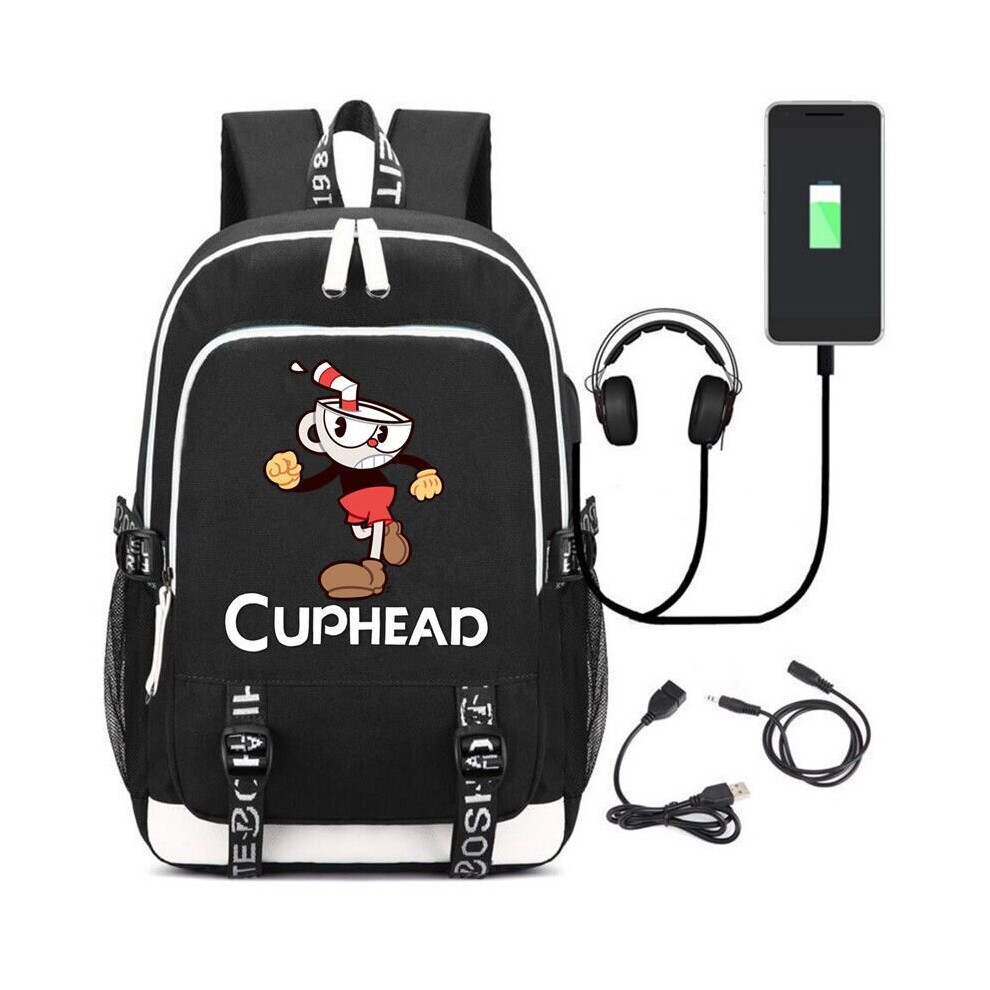 ( C) Cuphead Backpack USB Charging Boys Schoolbag Kids