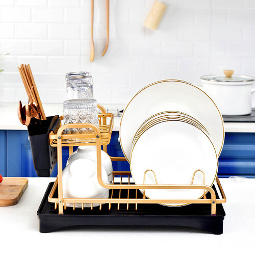 2 Tier Kitchen Dish Drainer Rack with Drip Tray Cutlery Holder Plate 2