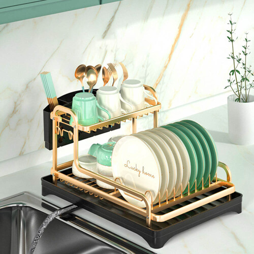 2 Tier Kitchen Dish Drainer Rack with Drip Tray Cutlery Holder Plate 1