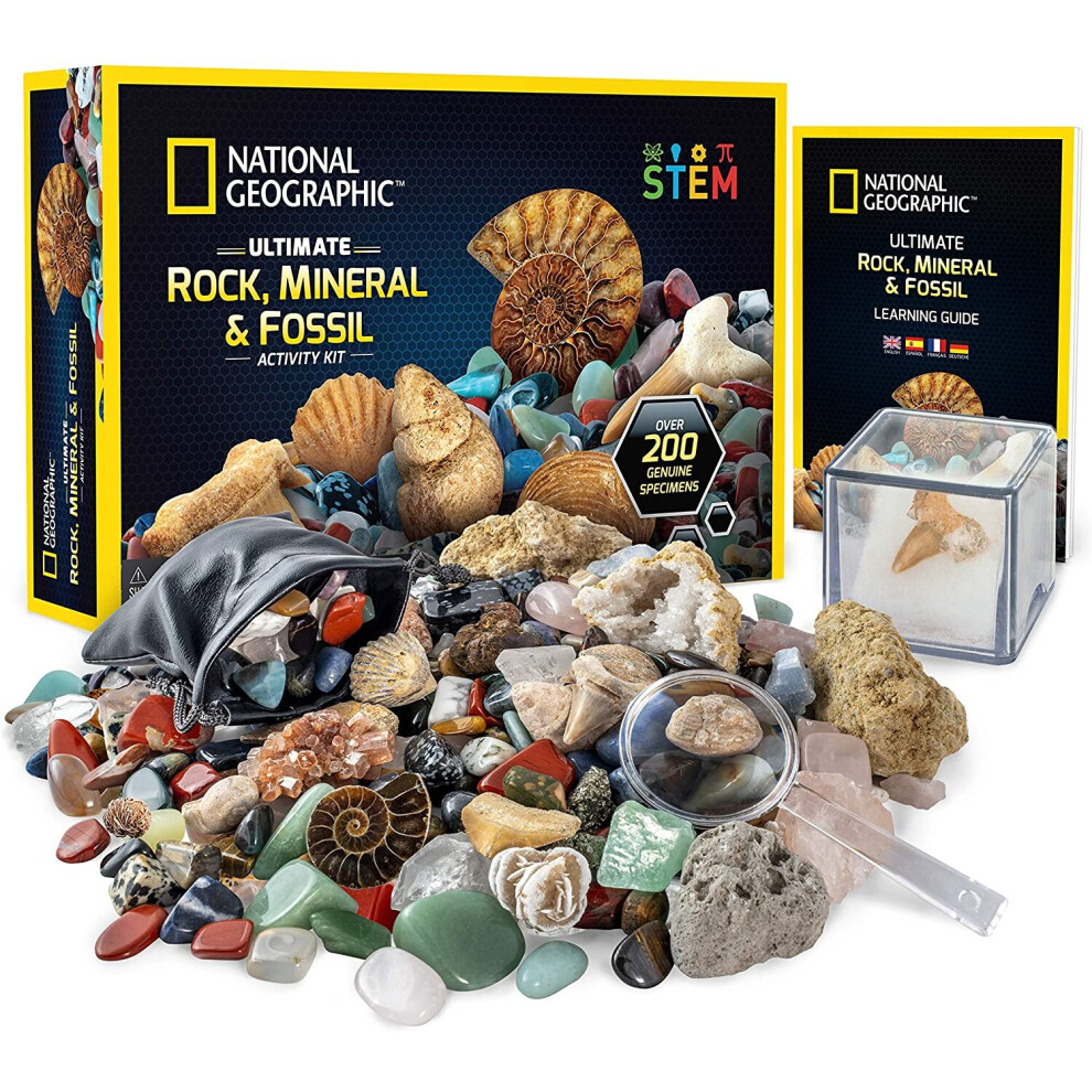 National Geographic Rocks and Fossils Kit â 200 Piece Set Includes Geodes, Real Fossils, Rose Quartz, Jasper, Aventurine, and Many More Rock