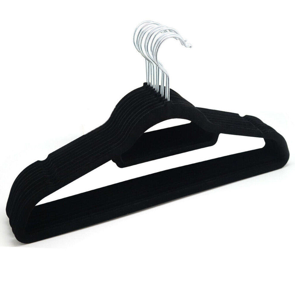 (10) Black Velvet Coat Hangers Clothes Velour Flocked Non Slip Curved