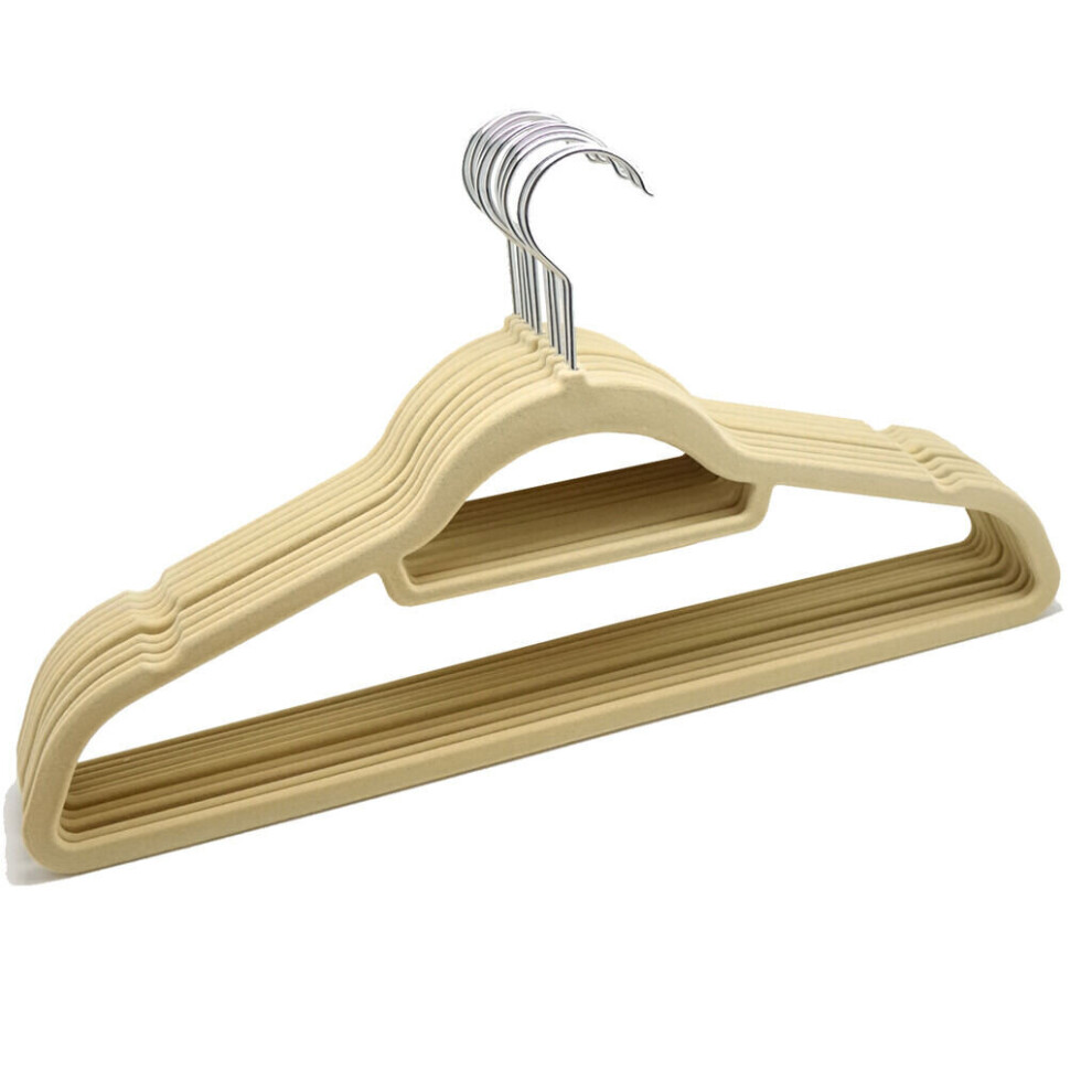 (10) Beige Velvet Coat Hangers Clothes Velour Flocked Non Slip Curved