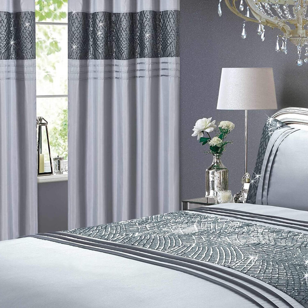 Rapport Fully Lined Sequin Eyelet Ring Top Curtains, Grey, 66 x 72