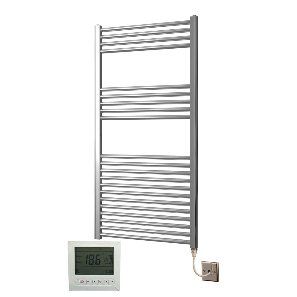 Greened House Electric Chrome 600W X 1200H Flat Towel Rail + Timer And Room Thermostat Bathroom Towel Rails 718598032364