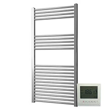 Greened House Electric Chrome 600W x 1000H Flat Towel Rail + Timer and Room Thermostat Bathroom Towel Rails