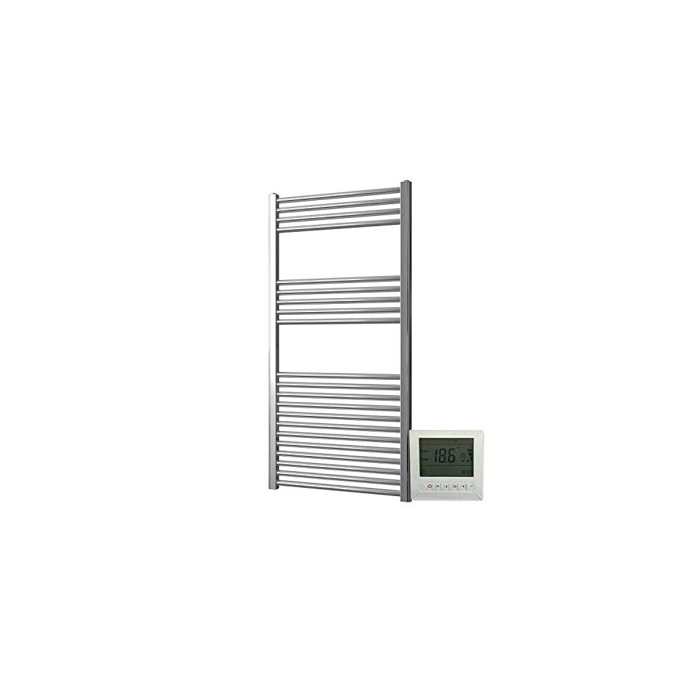 Greened House Electric Chrome 600W x 1000H Flat Towel Rail + Timer and Room Thermostat Bathroom Towel Rails