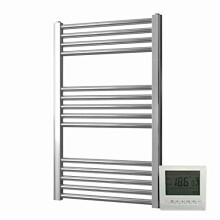 Greened House Electric Chrome 400W x 600H Flat Towel Rail + Timer and Room Thermostat Bathroom Towel Rails