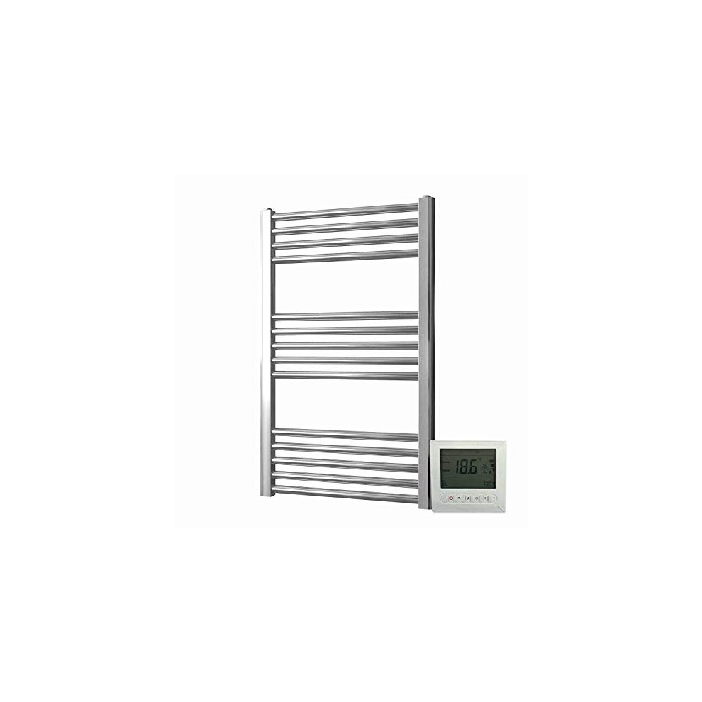 Greened House Electric Chrome 400W x 600H Flat Towel Rail + Timer and Room Thermostat Bathroom Towel Rails