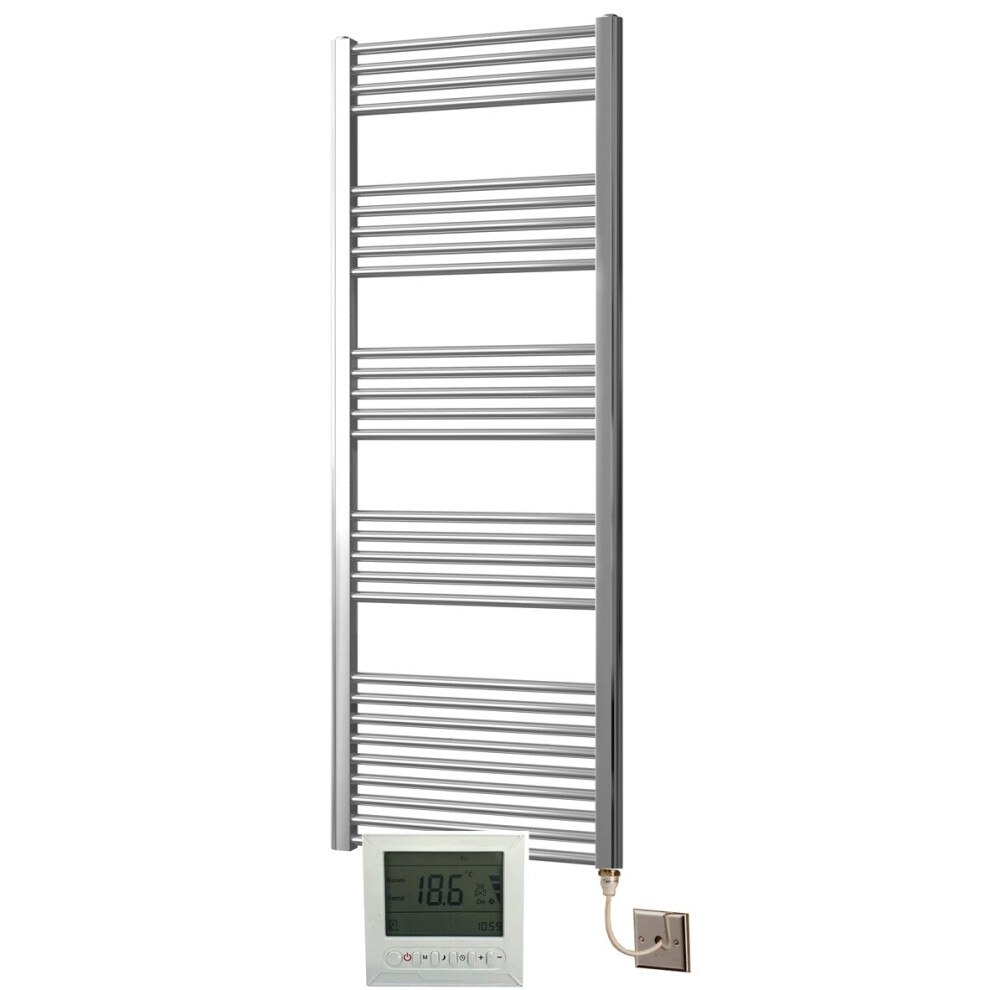 Greened House Electric Chrome 500W x 1600H Curved Towel Rail + Timer and Room Thermostat Bathroom Towel Rails