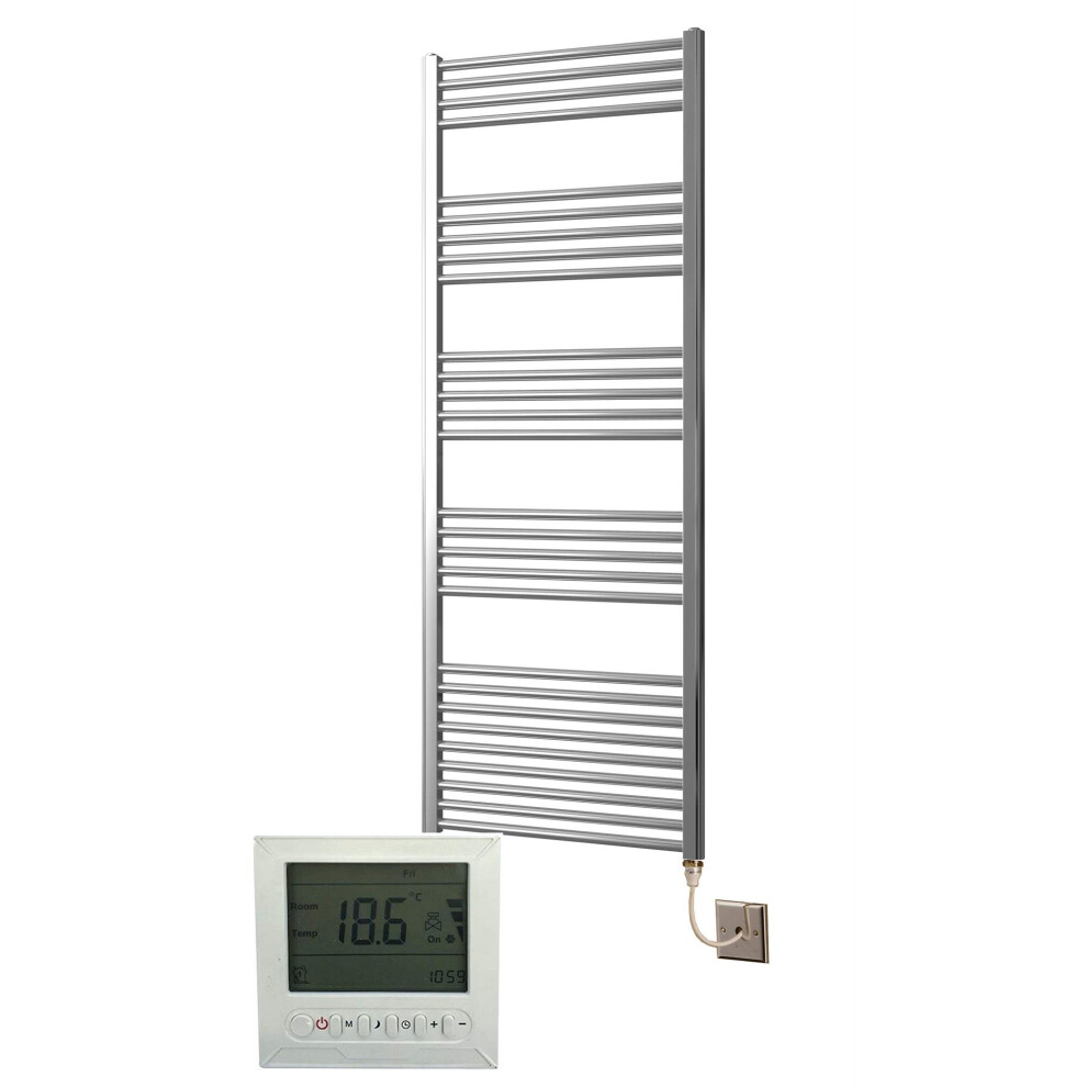 Greened House Electric Chrome 600W X 1600H Flat Towel Rail + Timer And Room Thermostat Bathroom Towel Rails 718598032388