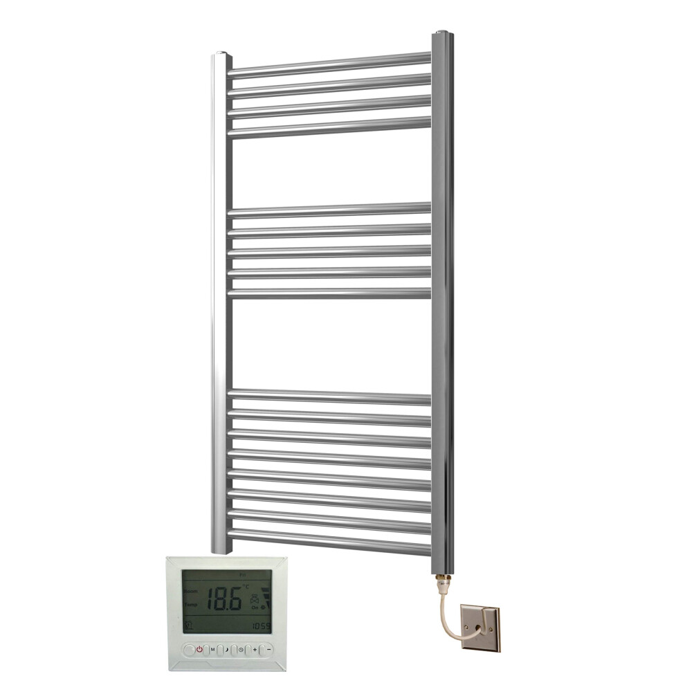 Greened House Electric Chrome 500W x 1000H Flat Towel Rail + Timer and Room Thermostat Bathroom Towel Rails