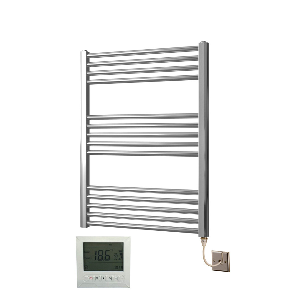 Greened House Electric Chrome 600W X 800H Flat Towel Rail + Timer And Room Thermostat Bathroom Towel Rails 718598032340