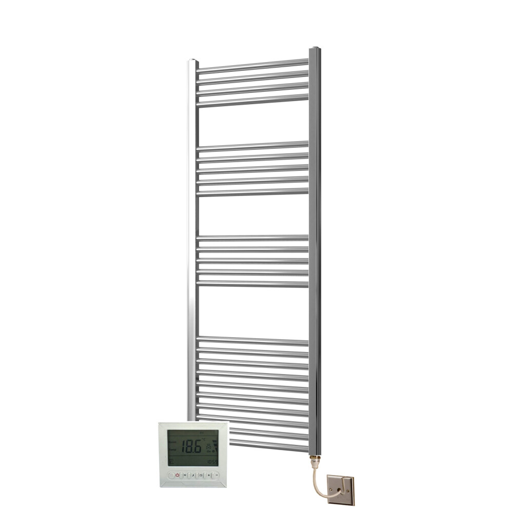 Greened House Electric Chrome 500W X 1400H Flat Towel Rail + Timer And Room Thermostat Bathroom Towel Rails 718598032241