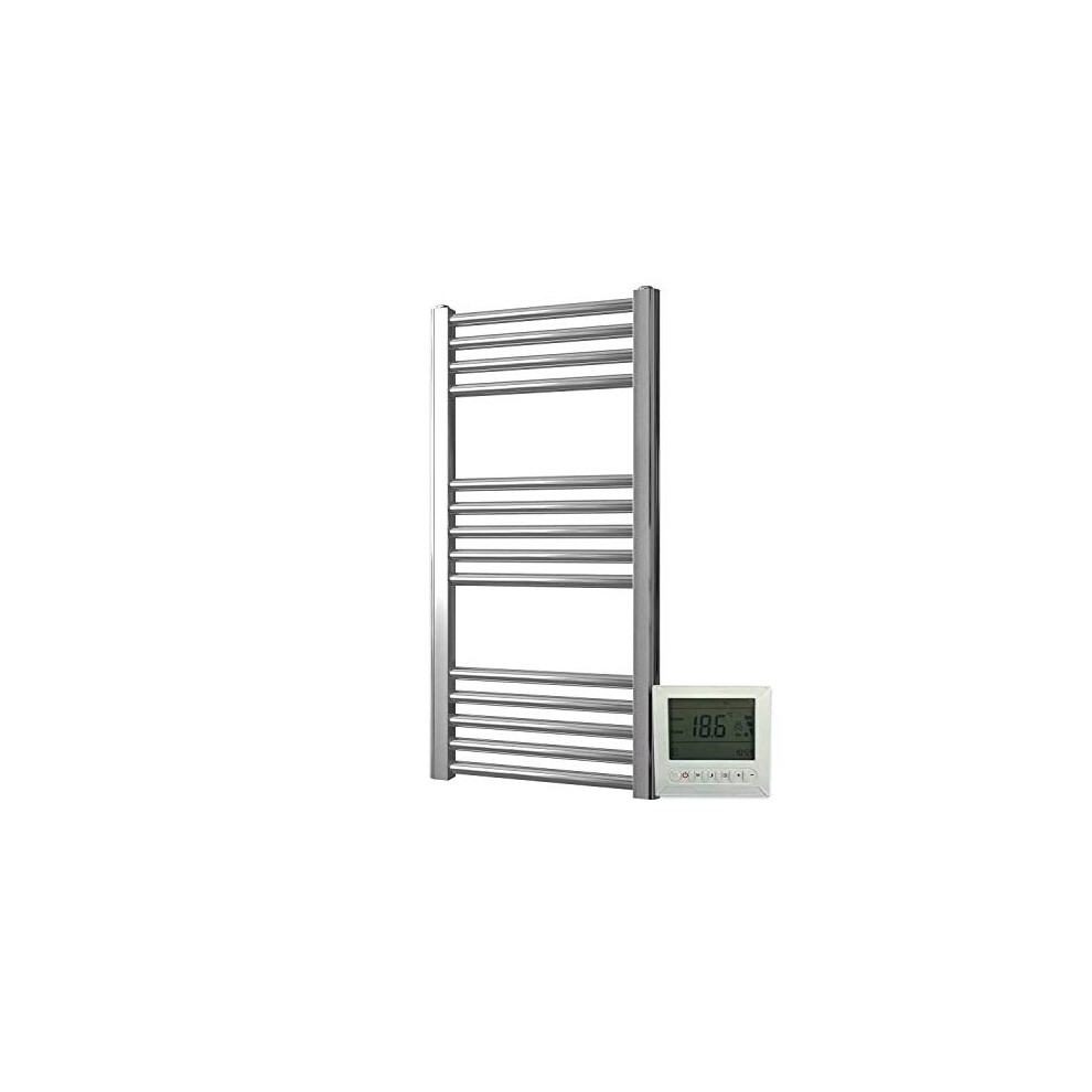 Greened House Electric Chrome 400W x 1200H Flat Towel Rail + Timer and Room Thermostat Bathroom Towel Rails