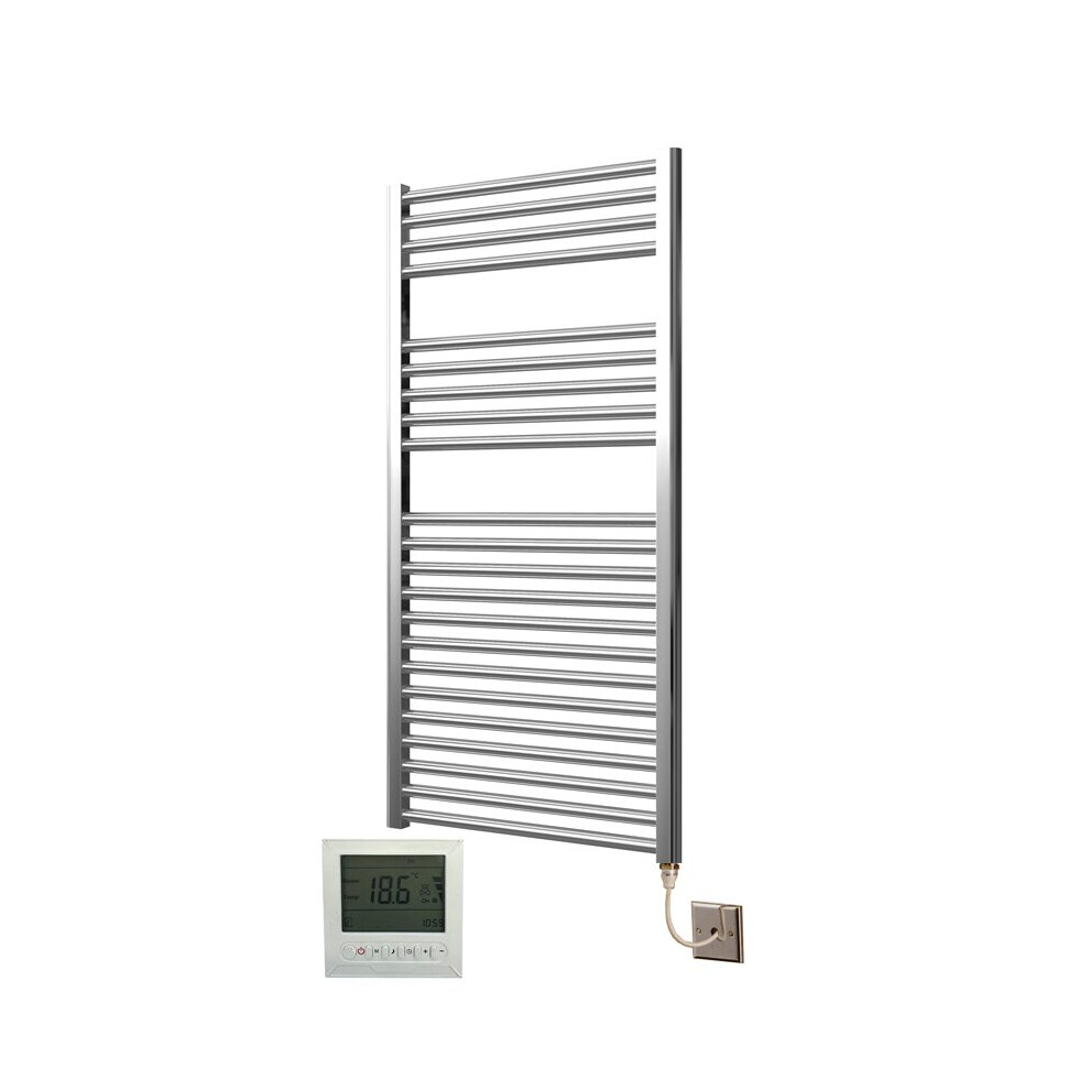 Extra High Heat Output Chrome Electric Towel Rail 600 X 1200Mm + Timer / Room Thermostat Curved Bathroom Radiator Heater 718598034917