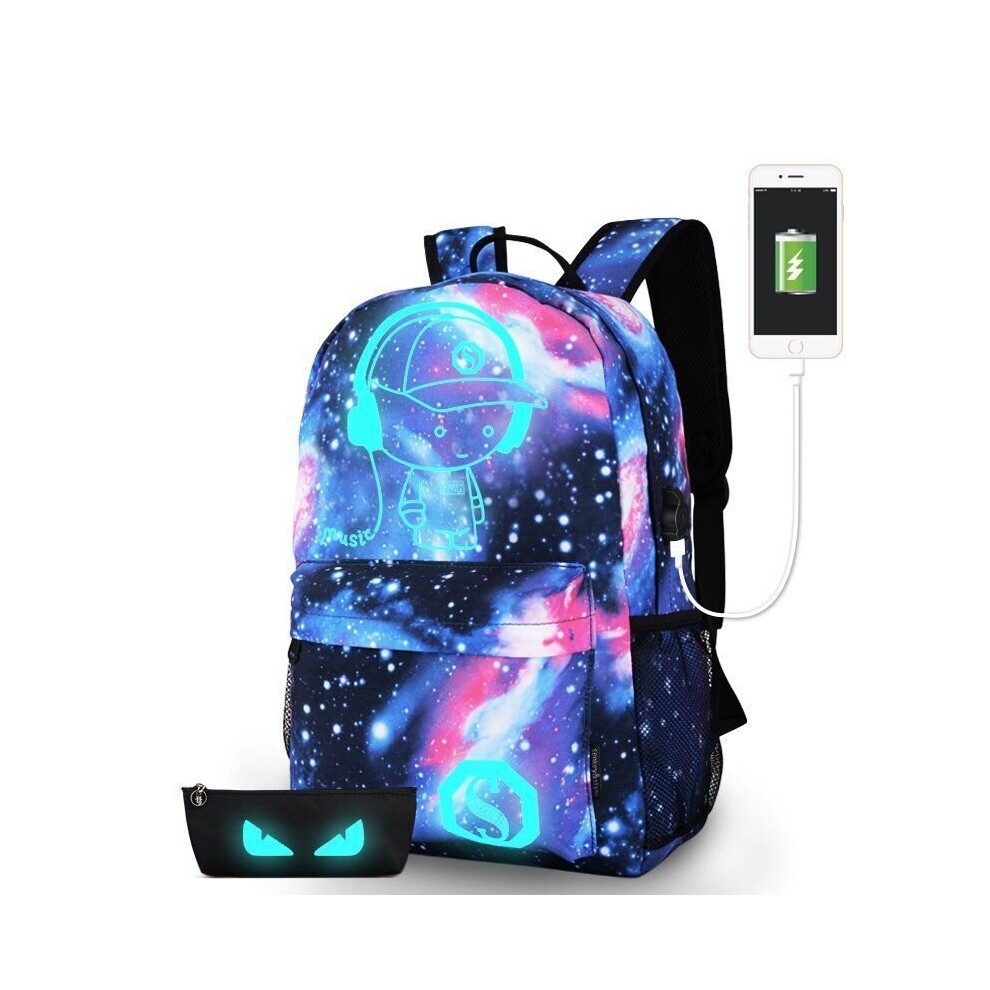 (BlueUSB, L) Galaxy School Bag Backpack Canvas USB Teens Kids