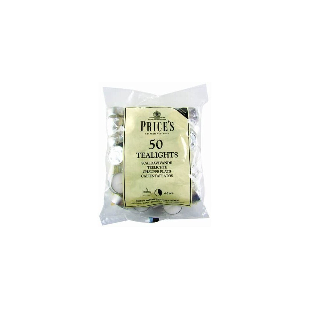 Prices Patent Candles White Tealights Bag, Pack of 50, Wax, l x 3.8cm w x 1.8cm h