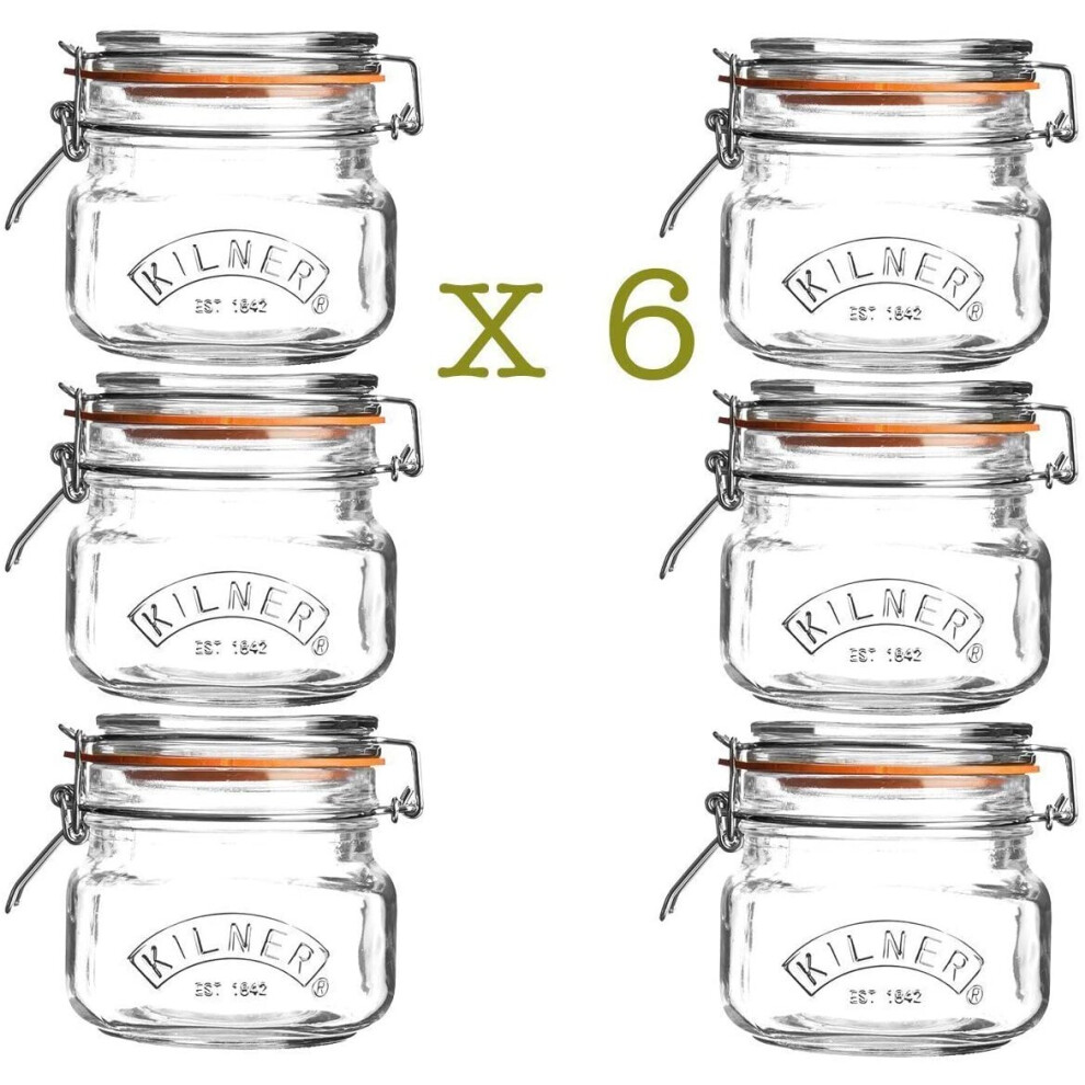 6 x Kilner Square 0.5 Litre Airtight Clip Top Preserve Jars 0025.510