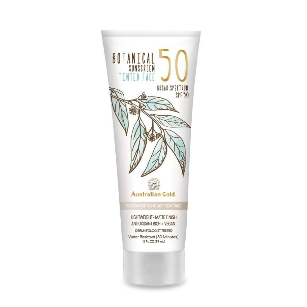 NEW Australian Gold Botanical Sunscreen Tinted Face BB Cream SPF 50, 3 Ounce, Fair-Light, Broad Spectrum, Water Resistant, Vegan, Antioxidant Rich