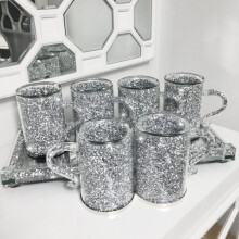Crushed Diamond Crystal-Filled Mugs, Set of 6 - Silver Glass Encased Coffee Cups (300ml) | Standard Size