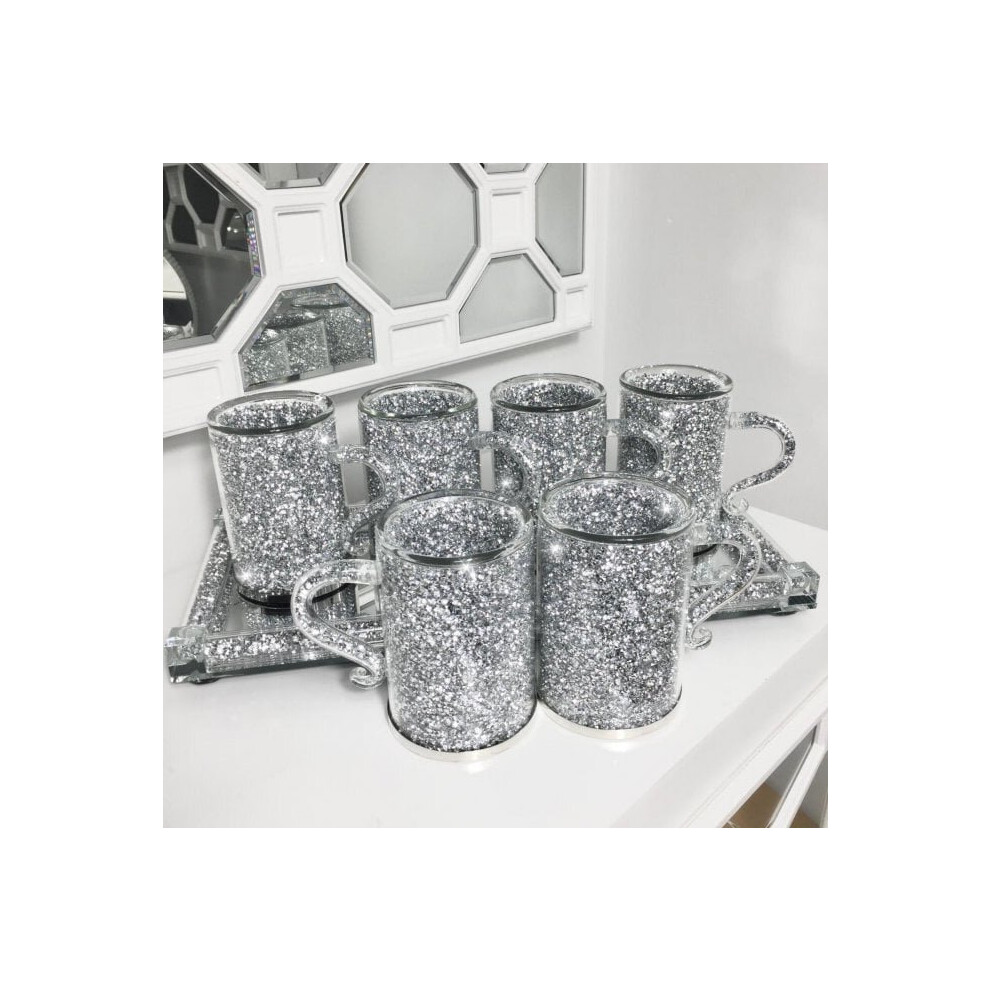 Crushed Diamond Crystal Filled Mugs Set Of 6 Silver Tea Coffee Cups