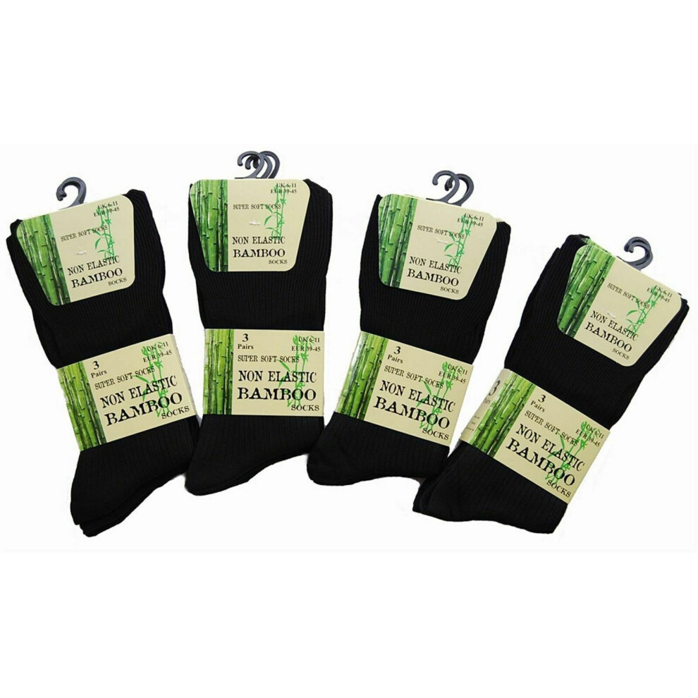 (Black) New Men's 6 Pairs Non Elastic Bamboo Diabetic Gentle Soft Top Grip Socks