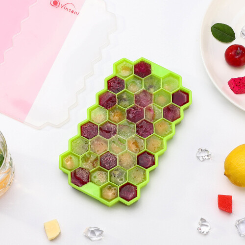 (Green) Vinsani 2 Pack Ice Cube Hexagon Tray Set with Lid 1