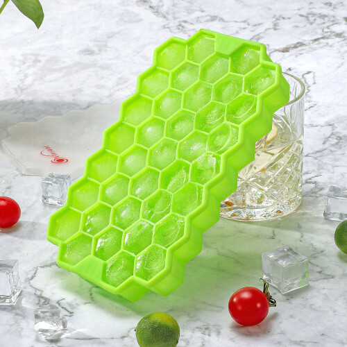 (Green) Vinsani 2 Pack Ice Cube Hexagon Tray Set with Lid 2