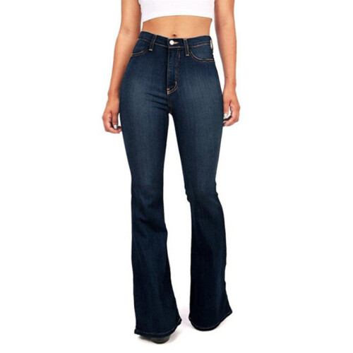 (Navy Blue, S) Women's Denim Jeans High Waist Loose Buttons Trouser Casual Bell-Bottoms Pants
