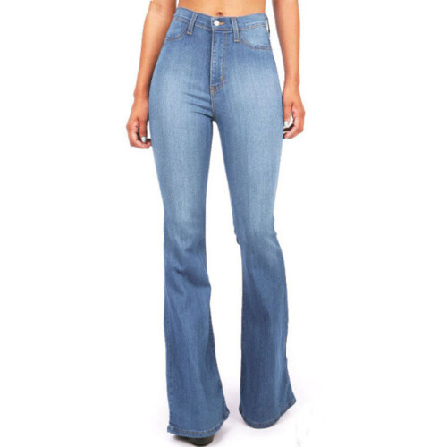 (Blue, L) Women's Denim Jeans High Waist Loose Buttons Trouser Casual Bell-Bottoms Pants