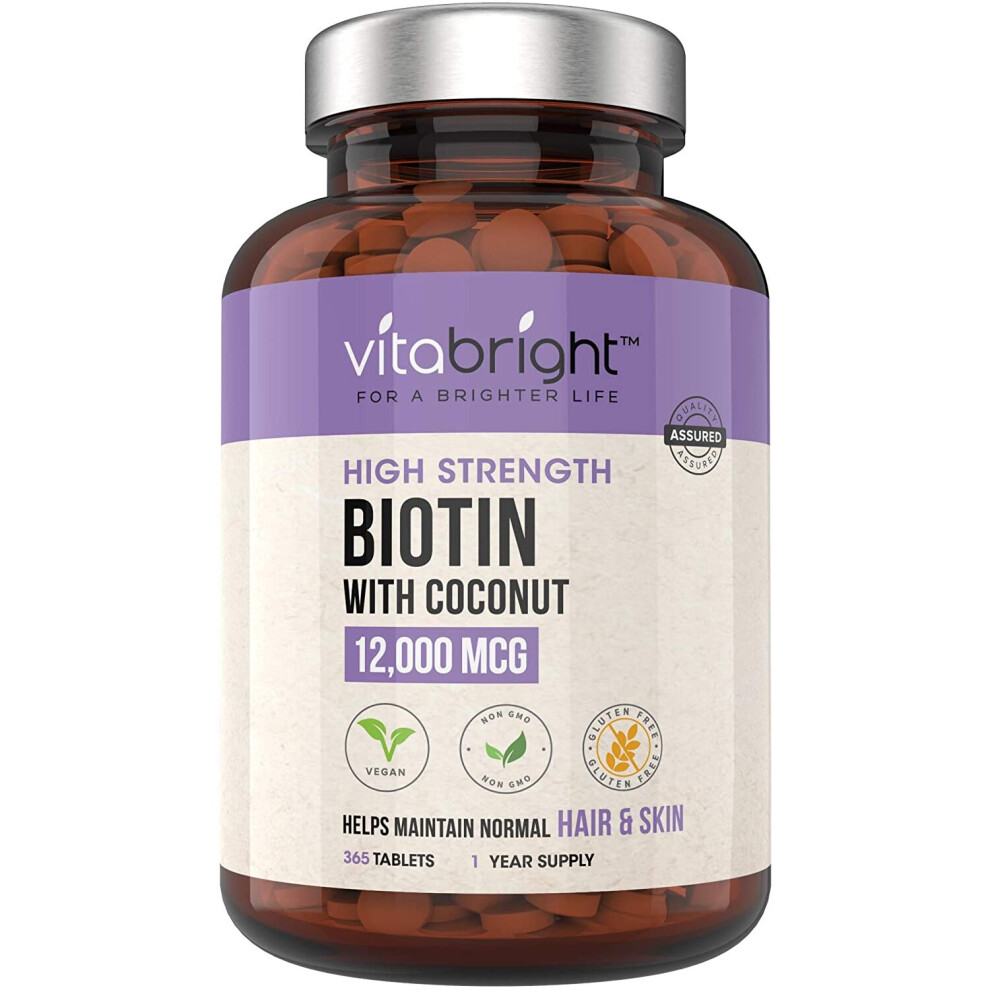 Biotin Hair Growth Supplement 12,000mcg - 365 High Strength Biotin Tablets for Hair - 1 Year Supply - Vegan Friendly Biotin Coconut Oil Supp