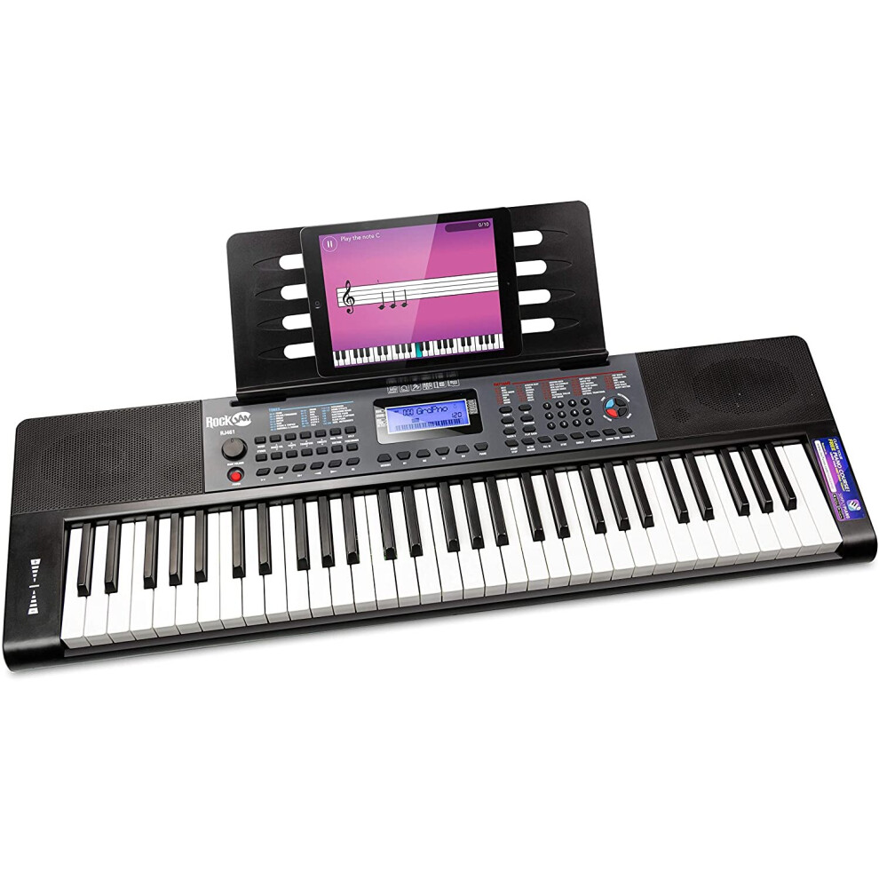 RockJam RJ461 61 Key Keyboard Piano with pitch bend Sheet Music Stand Piano Note Sticker Power Supply and Simply Piano Application