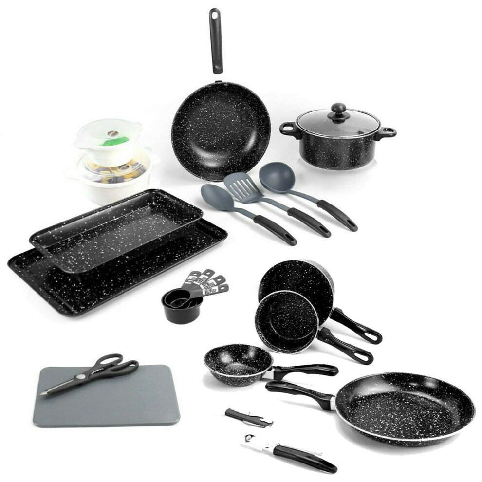 21pc Kitchen Starter Set Black Marble Look Pots Pans Cookware Bakeware