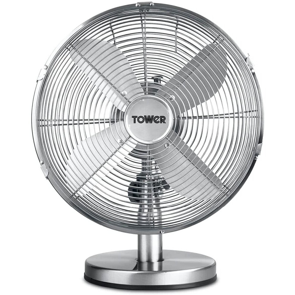 Tower T605000 35W 12 Inch Metal Desk Fan, 3 Speeds, 4 Blades, Chrome