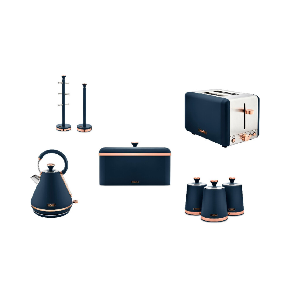 TOWER Cavaletto MIDNIGHT BLUE kettle, 2 slice toaster, bread bin, set of 3 cannisters, mug tree and towel pole