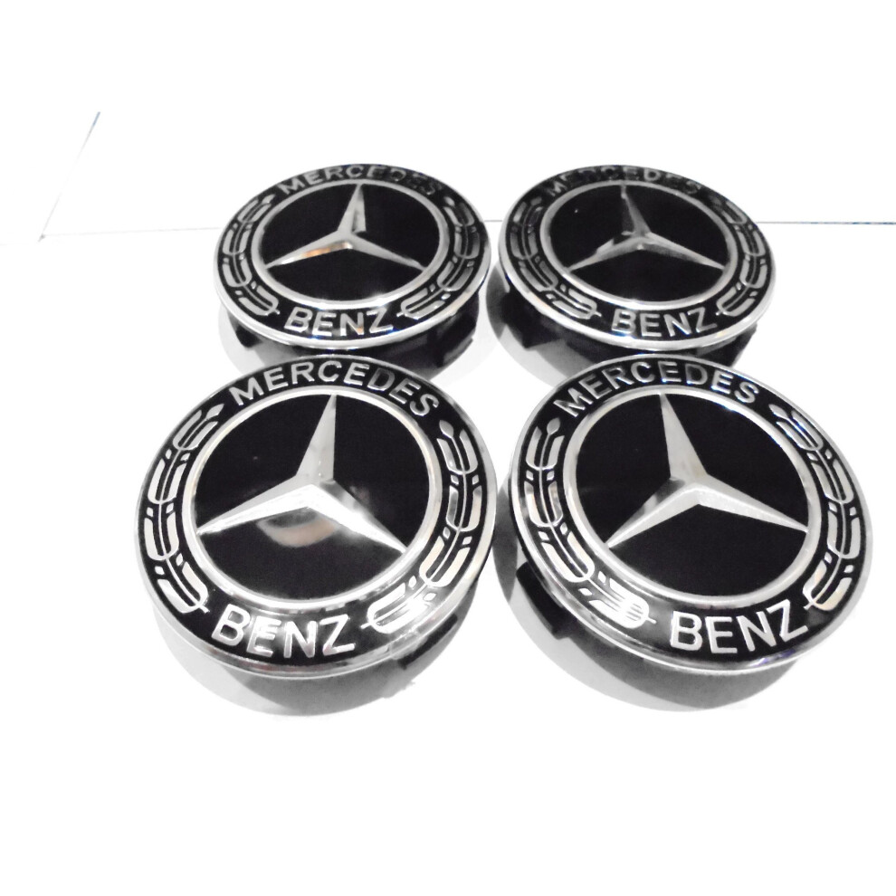 MERCEDES BLACK ALLOY WHEEL CENTRE CAPS A B C E S CLASS CLA,LS AMG 75MM