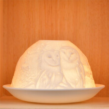 Nordic Lights Bone Porcelain Tealight Candle Holder Dome & Tray - Owls