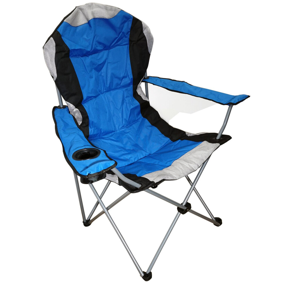 (Blue) Folding Camping Chair Heavy Duty Padded Steel High