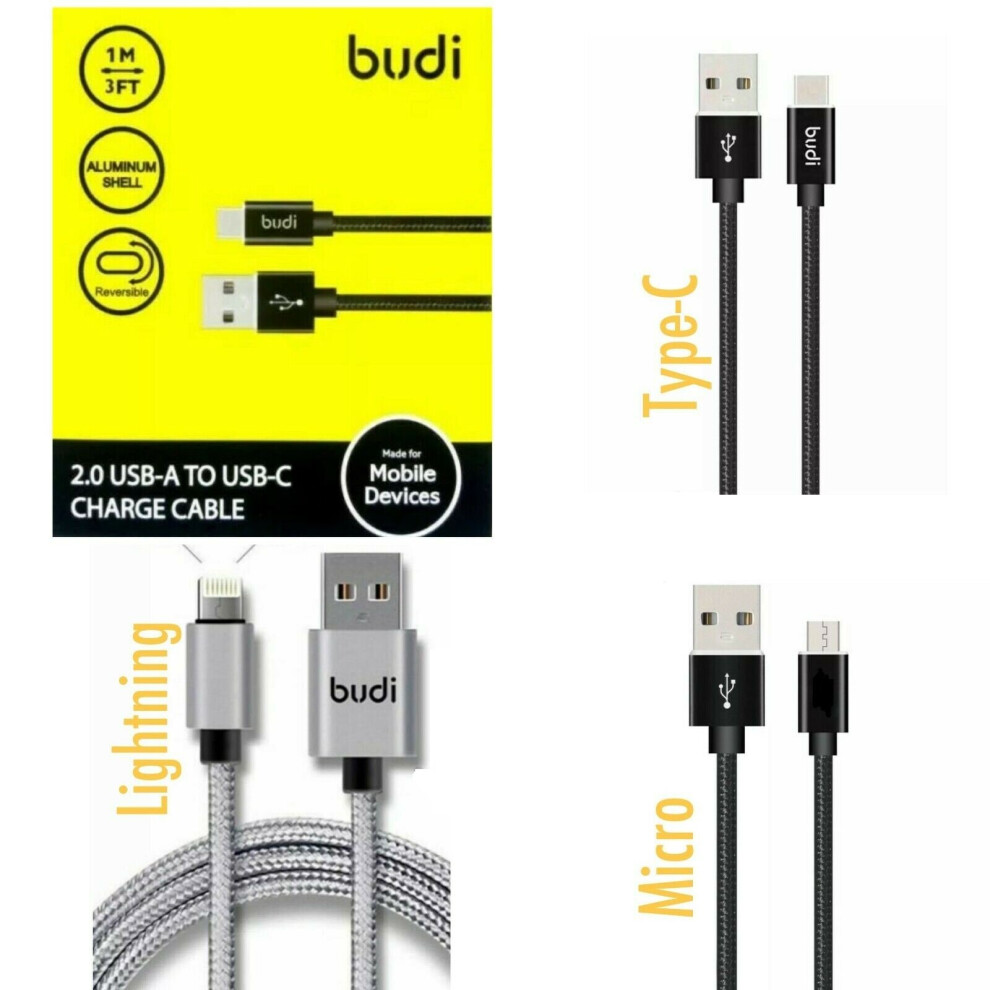 (Type C) Budi 1M Fast Charging Cable for Lightning iPhone Type C/ USB Micro Sync Data