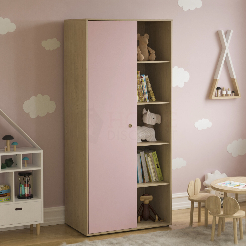 Junior Vida ( & Oak) Neptune 1 Door 5 Shelf Wardrobe Hanging Rail Oak Pink