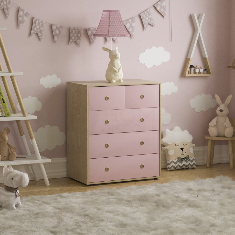 Junior Vida ( & Oak) Neptune 5 Drawer Chest Garment Bedroom Storage Oak Pink