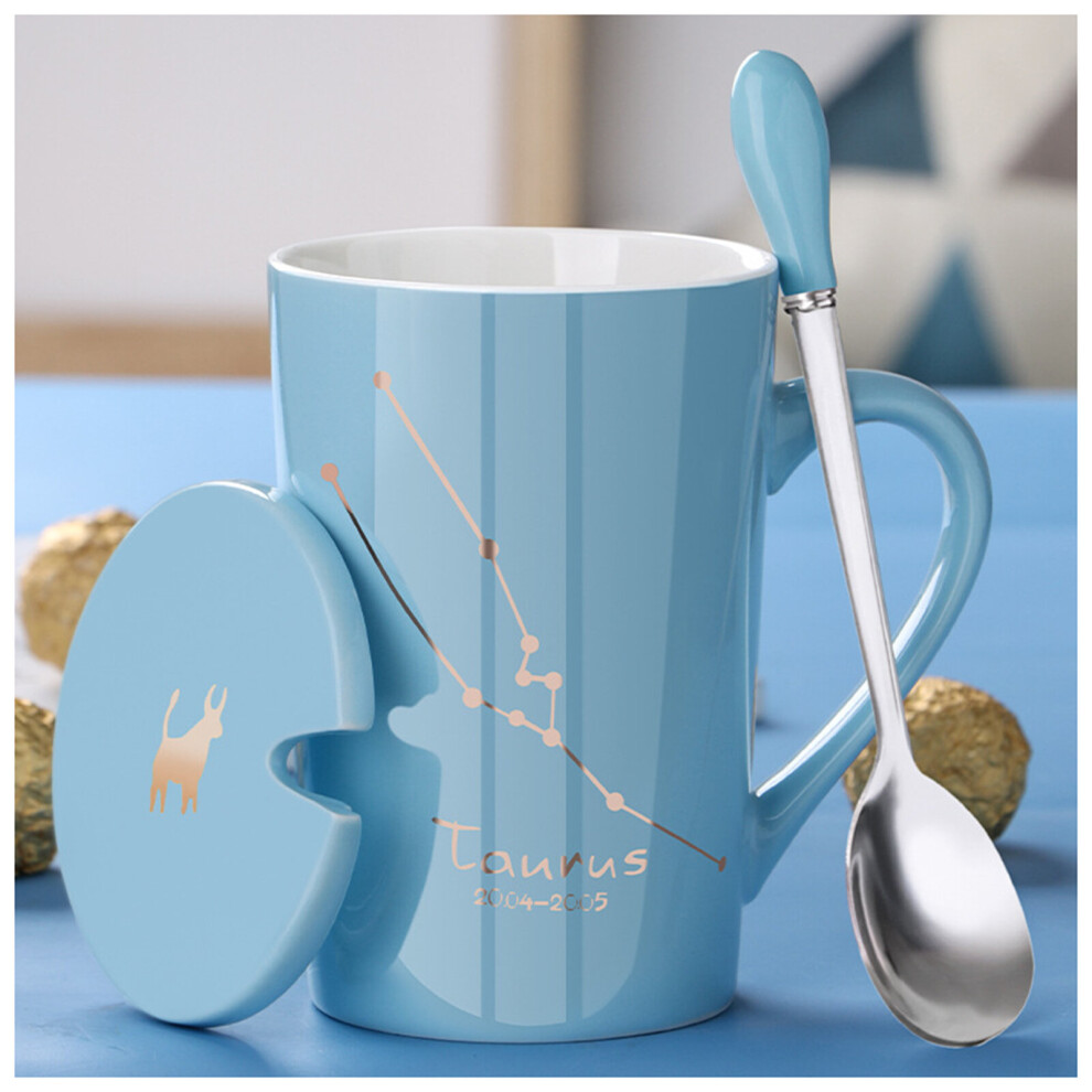 ( Taurus) Constellation Theme Blue Ceramic Mug with Ceramic Lid and Stainless Steel Spoon