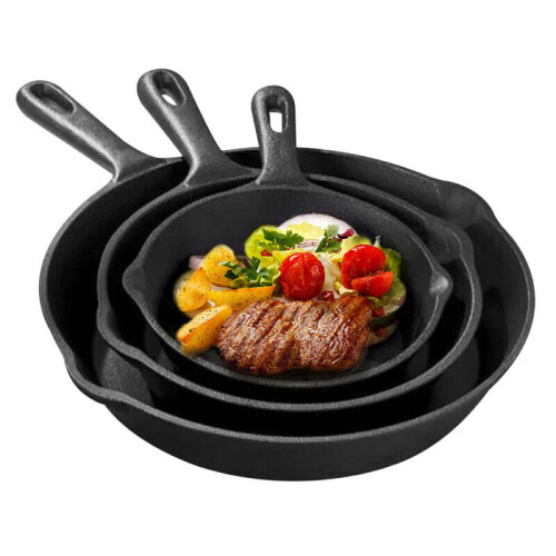 3Pcs CAST IRON Non-Stick Frying Griddle Pan Barbecue Skillets