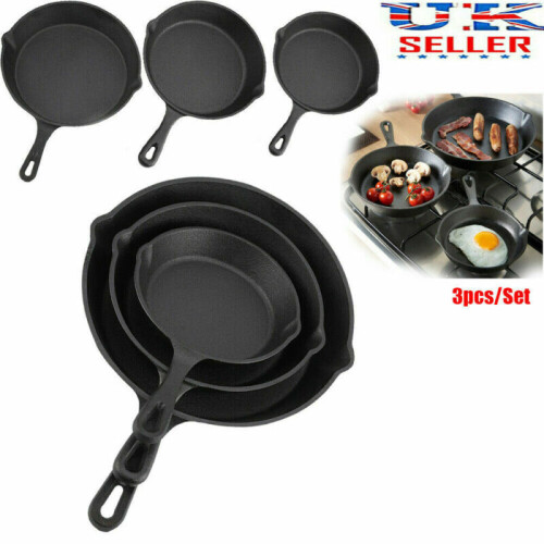 3Pcs CAST IRON Non-Stick Frying Griddle Pan Barbecue Skillets 2