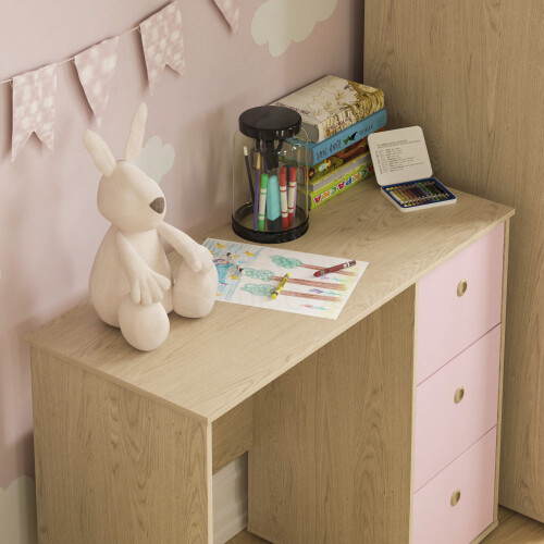 (Pink & Oak) Neptune Oak Junior Desk - 3 Drawer Study Table 2