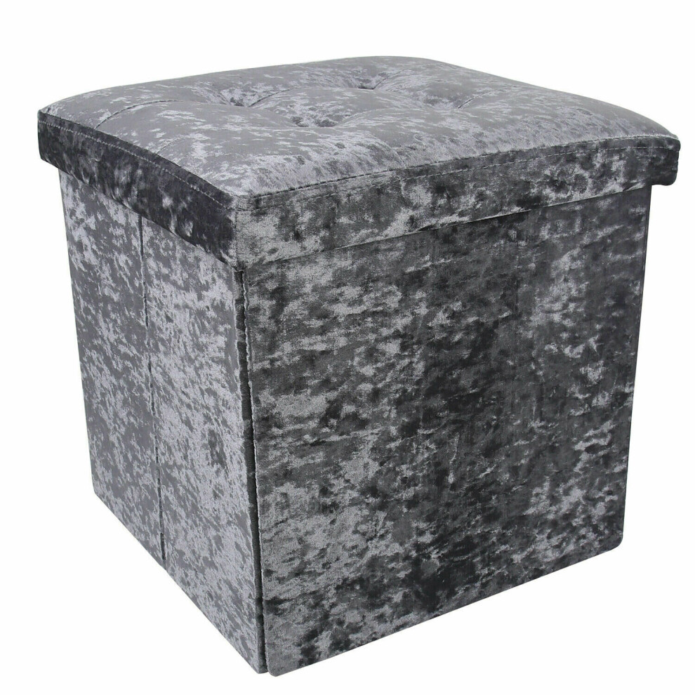 (Grey) Crushed Velvet Ottoman Foot Stool Storage Box Furniture Seat Rest Cube Foldable