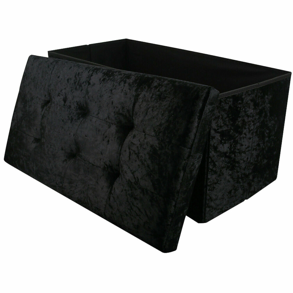 (Black) Large 2 Seater Crushed Velvet Foldable Ottoman Storage Box Double Bed Foot Stool
