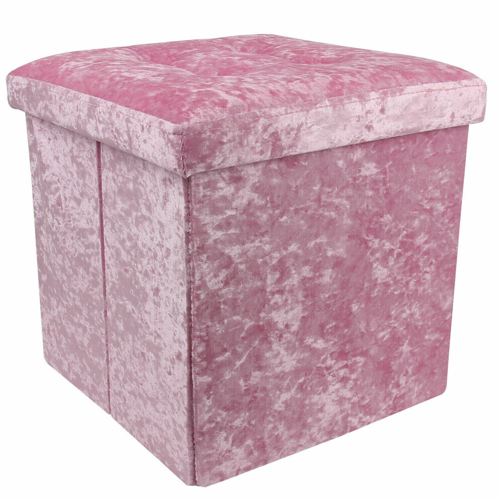 (Pink) Crushed Velvet Ottoman Foot Stool Storage Box Furniture Seat Rest Cube Foldable